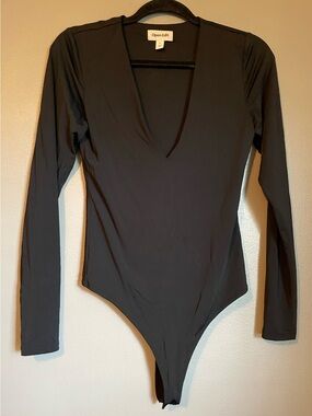 New Open Edit Sz Small Women’s Black V-neck Stretch Thong Long Sleeve Bodysuit!